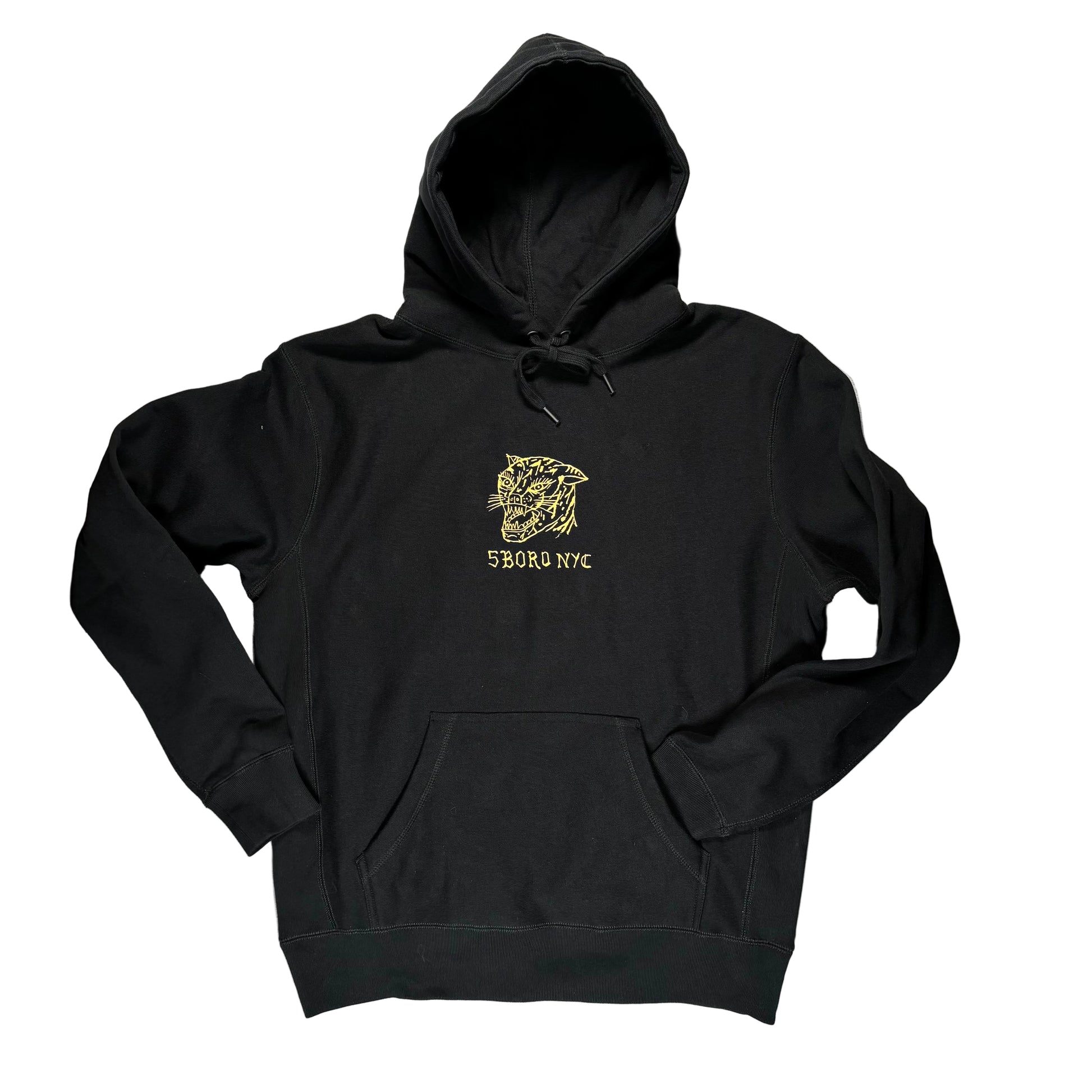 front view of demon cat graphic printed in center chest of hoodie