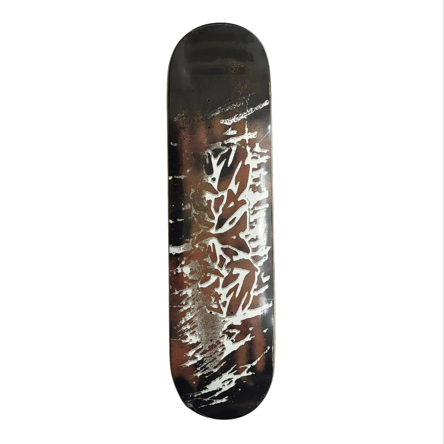 Skateboard deck with a black and white design on a white surface