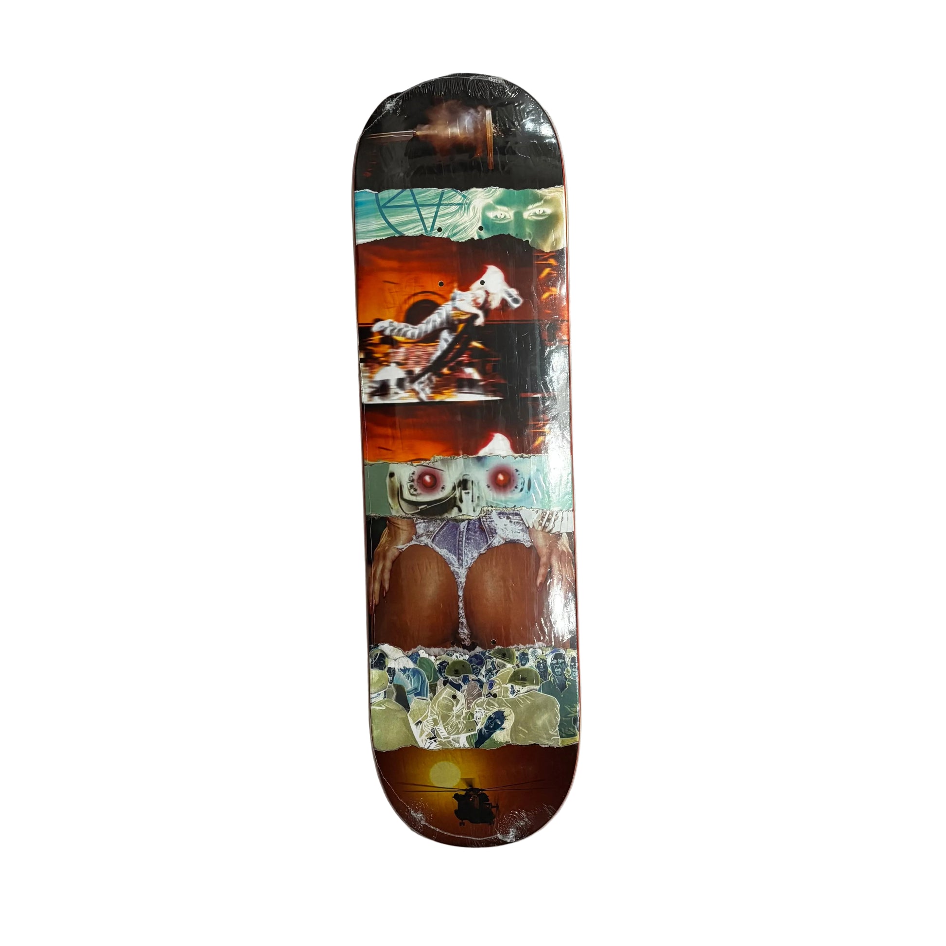 Skateboard deck with collage style design on a white surface