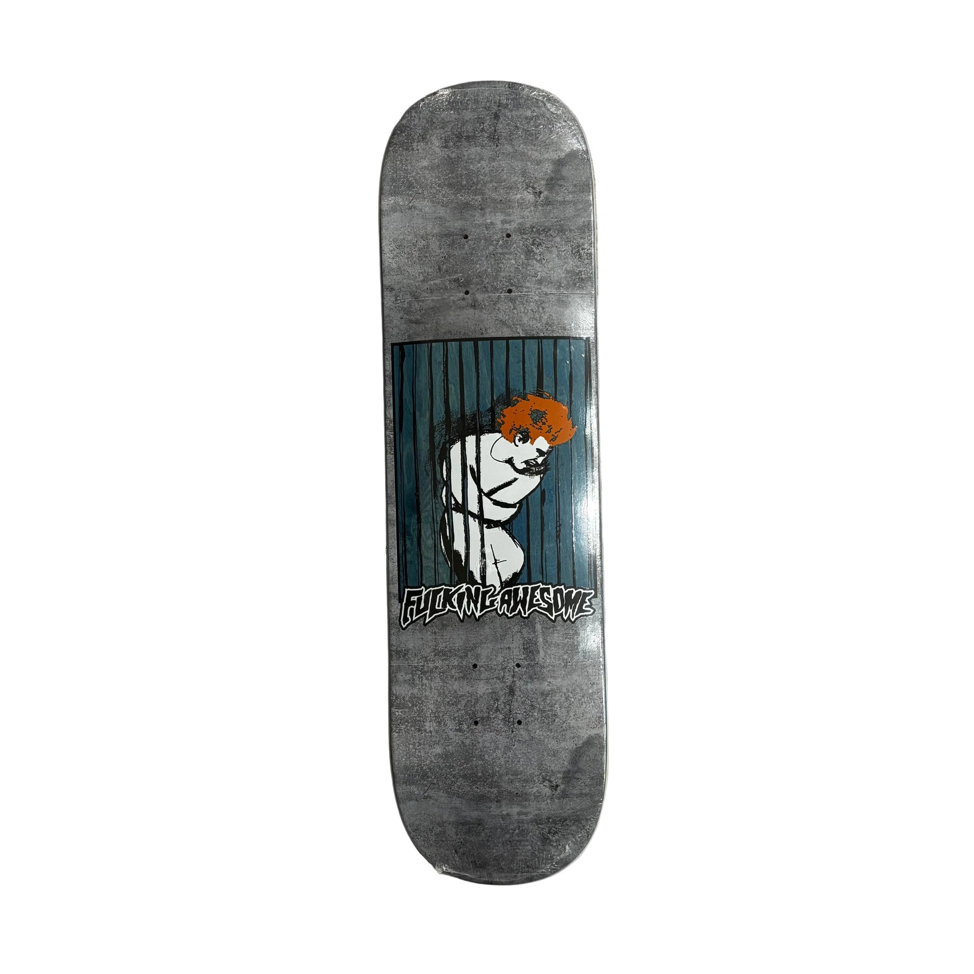 Skateboard deck with a graphic design on a white surface
