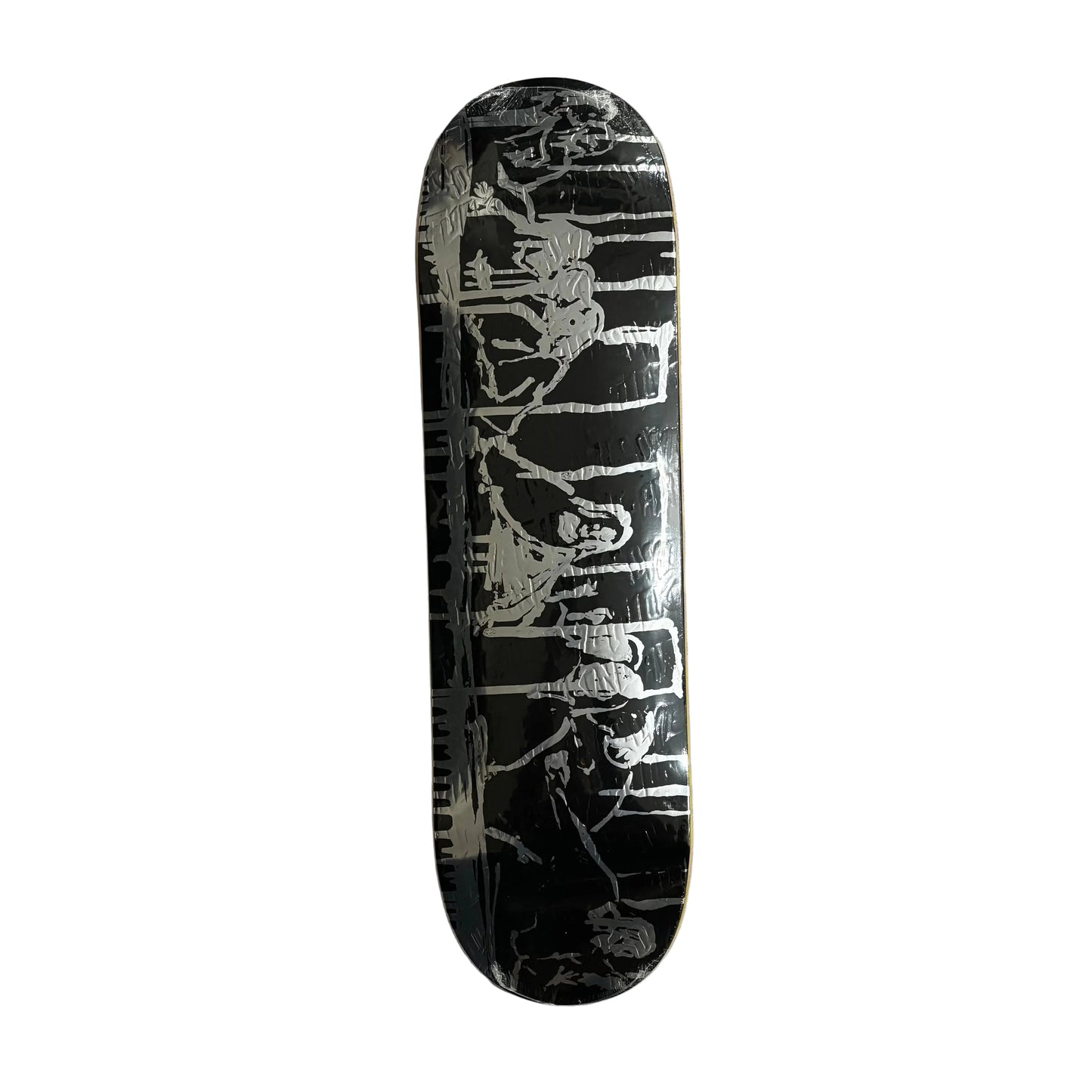 Black skateboard deck with silver graffiti style abstract design on a white background