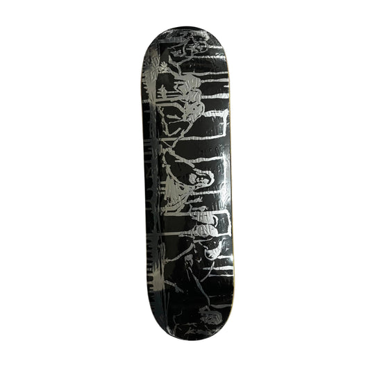 Black skateboard deck with silver graffiti style abstract design on a white background