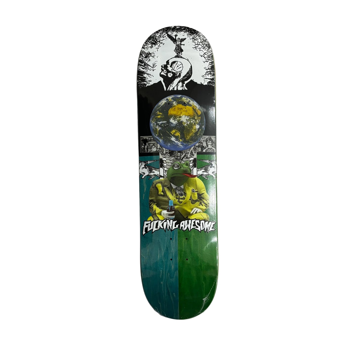 Skateboard deck with artistic design on a white surface