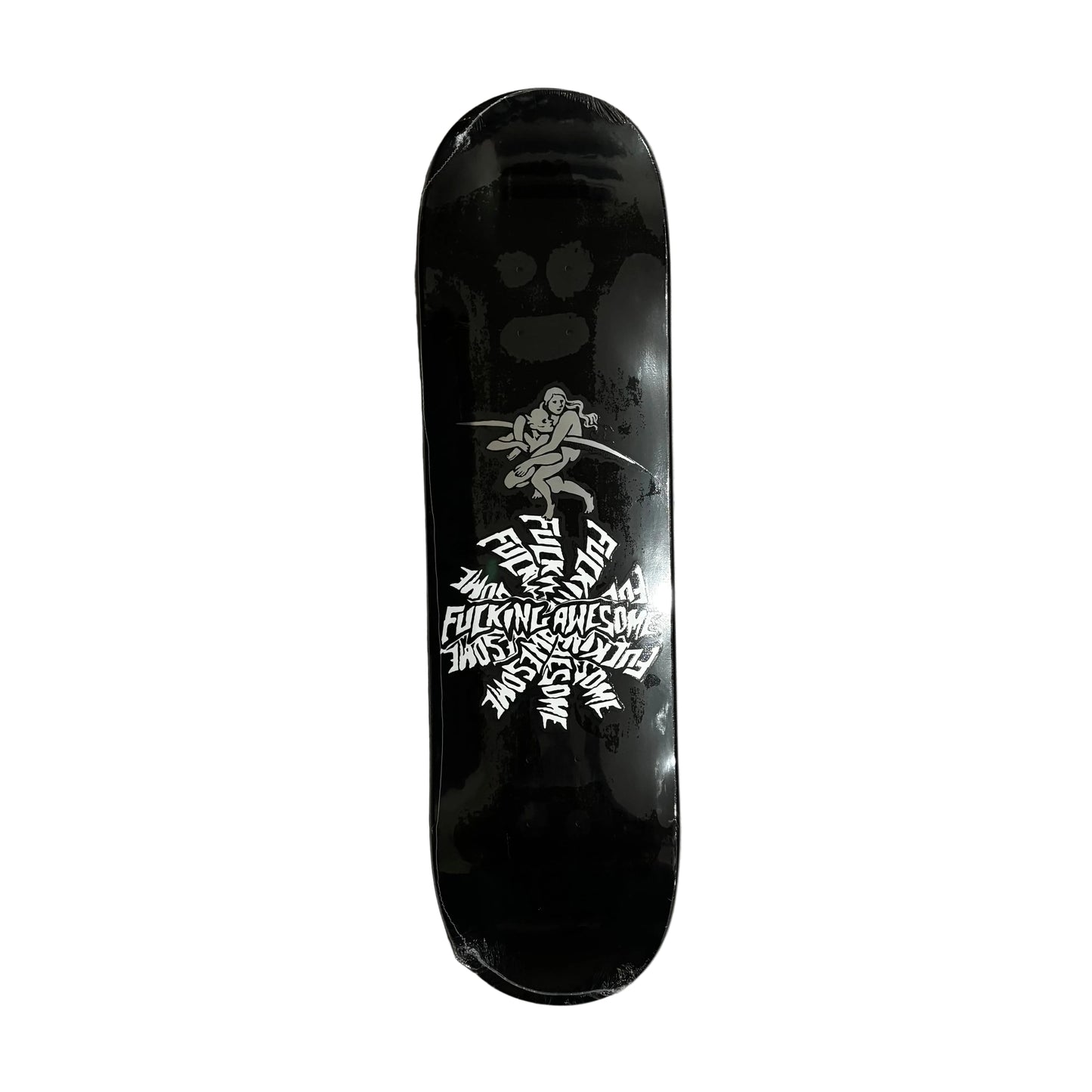 Black skateboard deck with white graphics on a white surface