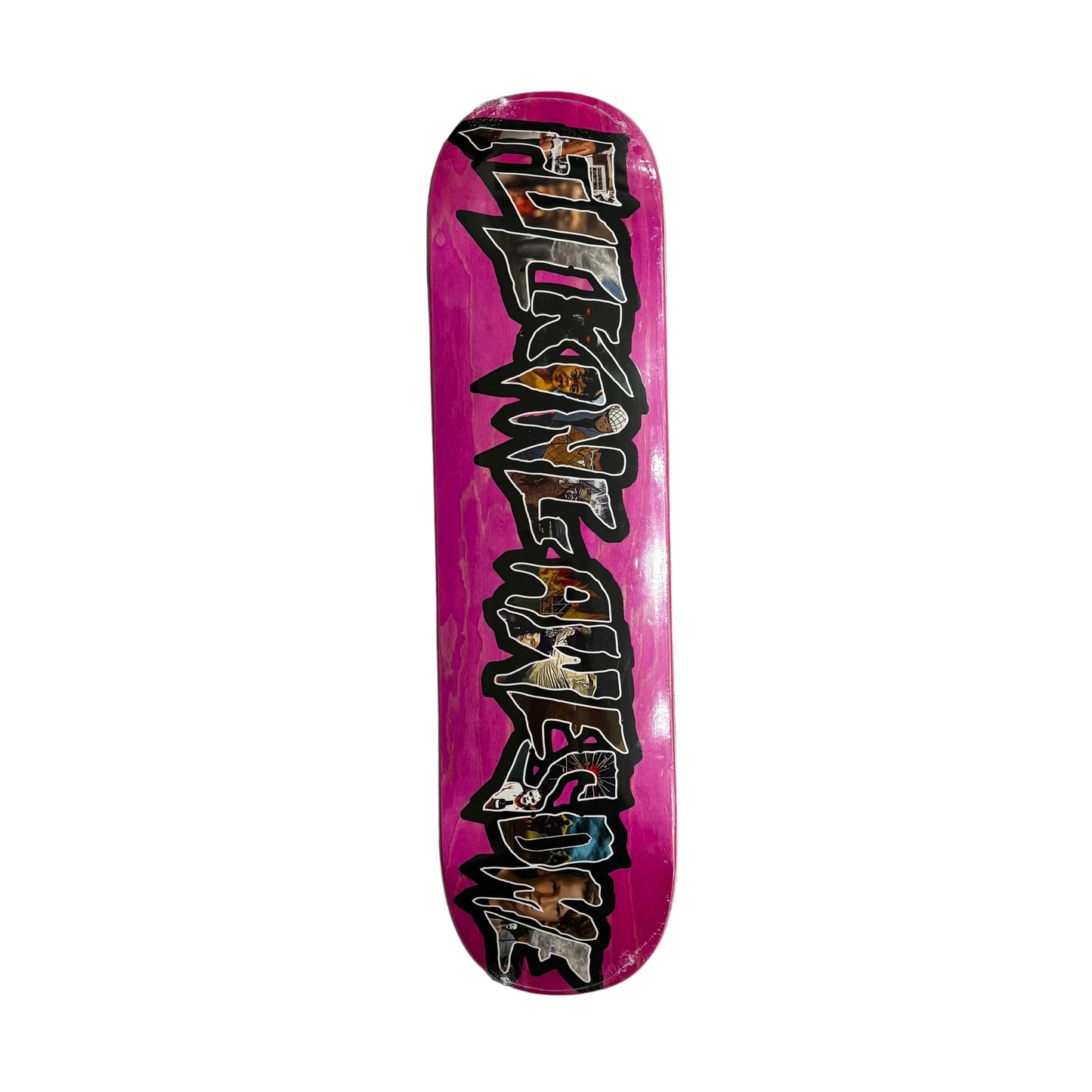 Skateboard deck with colorful text design on a white surface