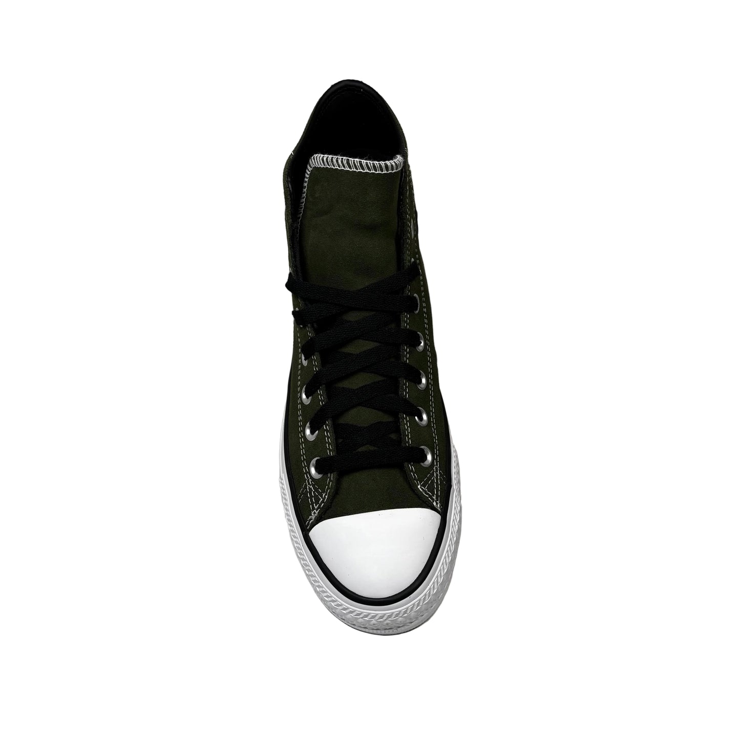 top down view of forest green high-top sneaker on a white background
