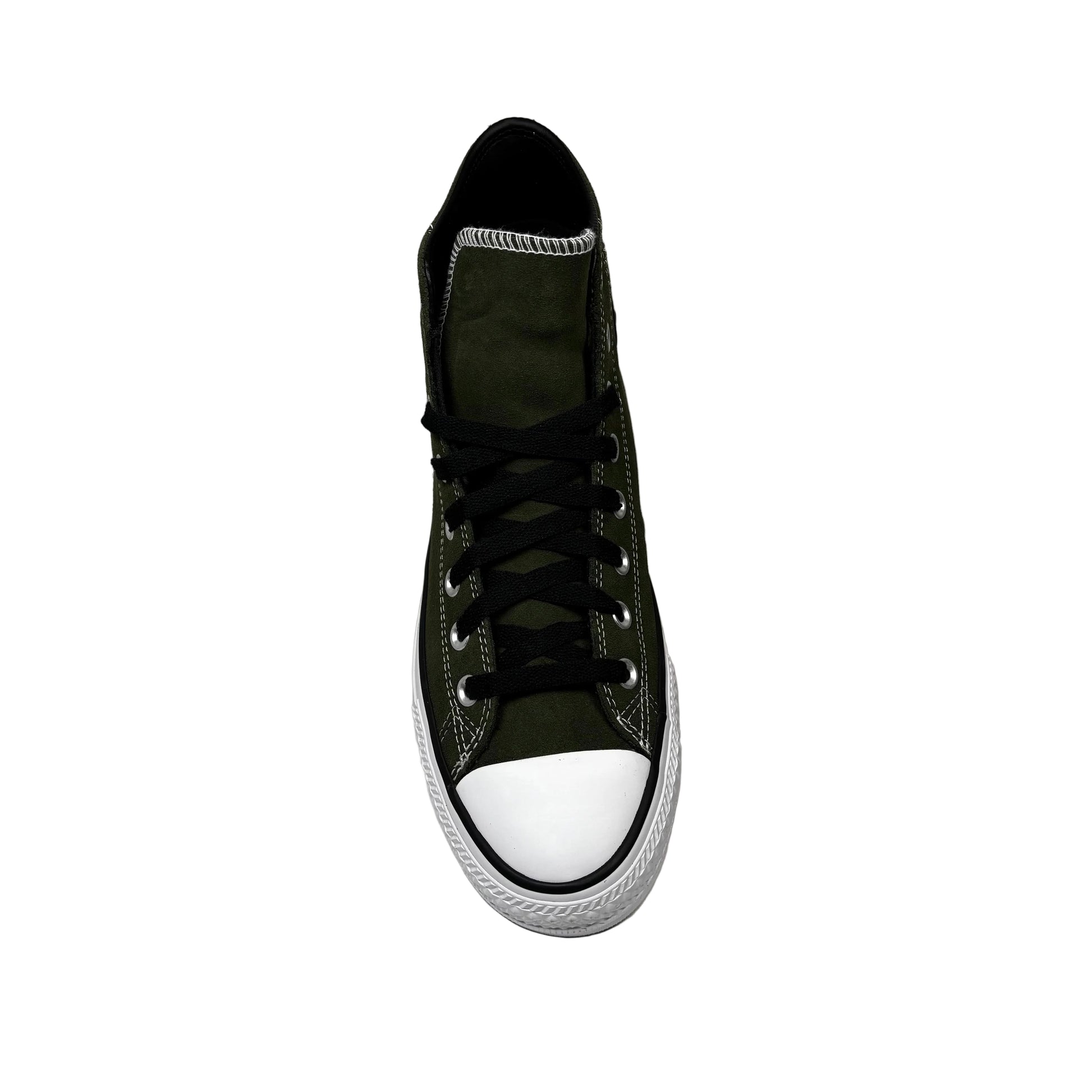 top down view of forest green high-top sneaker on a white background