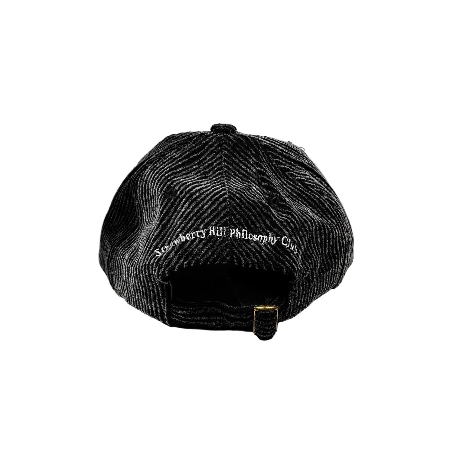 rear of Black cap with text on a white  background