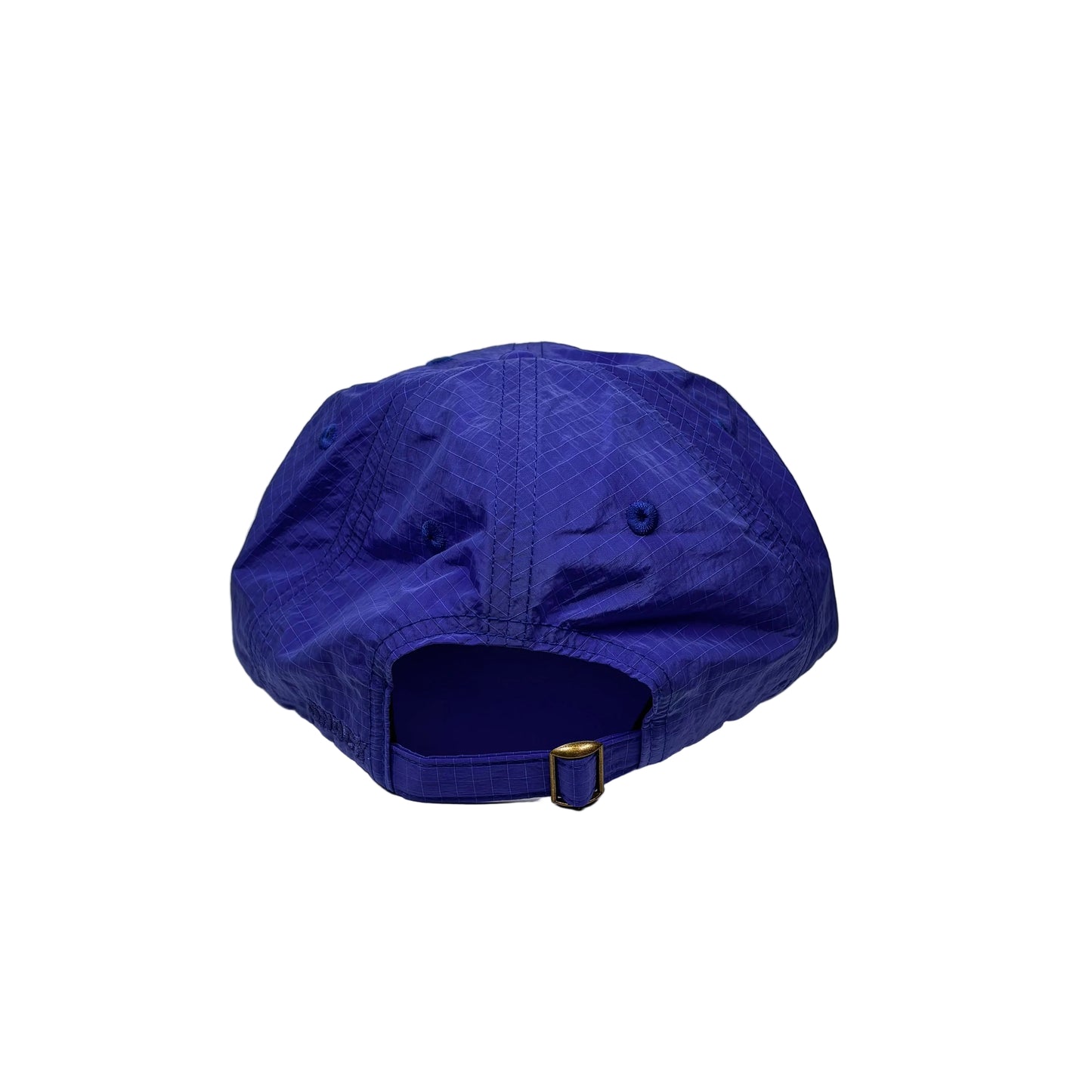 rear of Blue cap on a white pedestal against a white background
