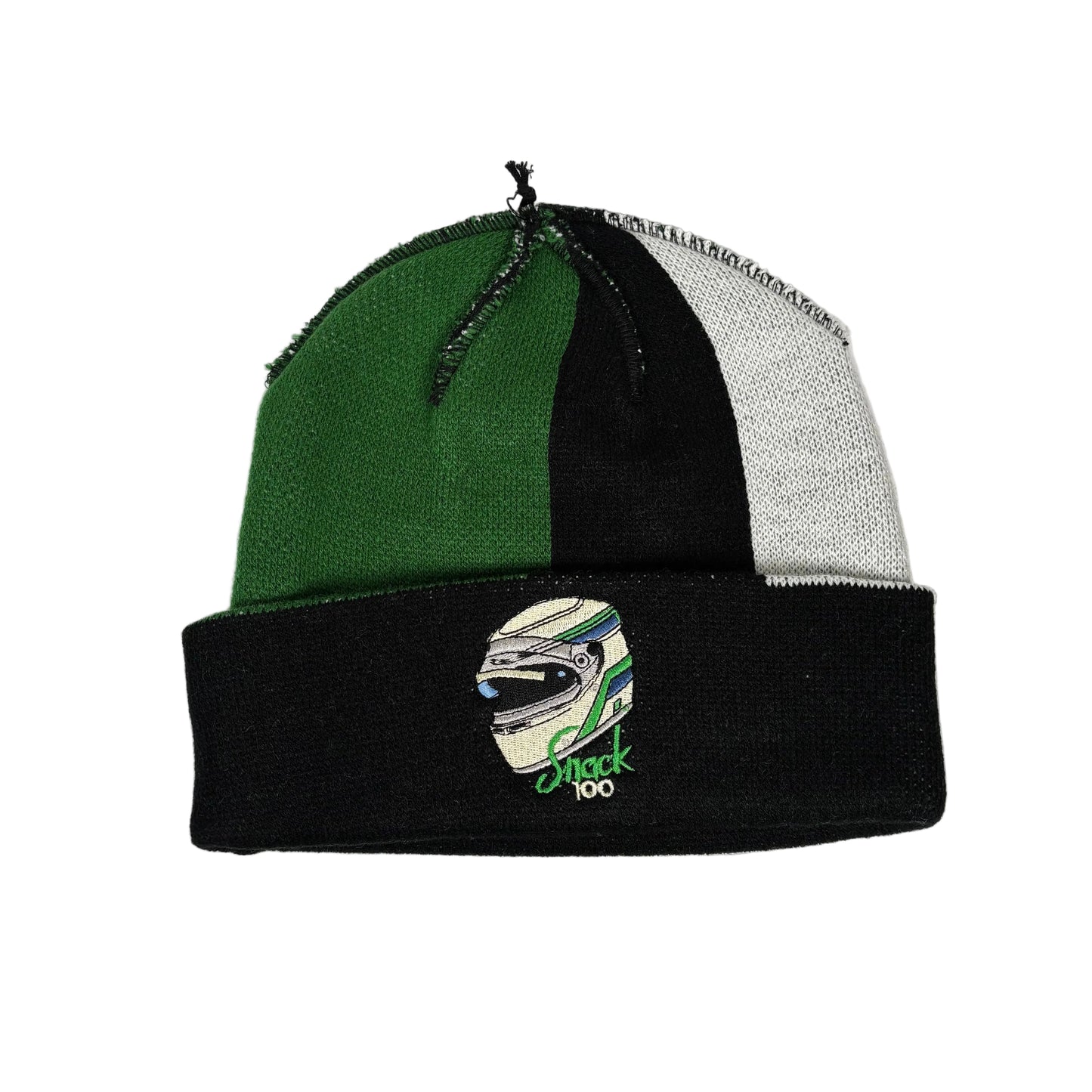 Multicolored beanie with a helmet logo on a white background