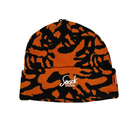 Orange and black patterned beanie with a logo on a white background