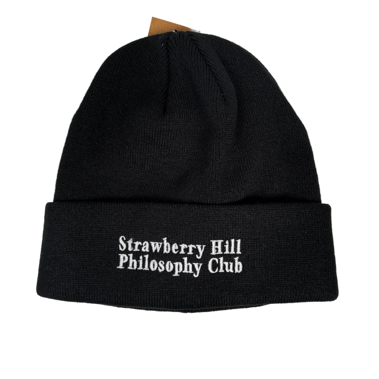 Black beanie with 'Strawberry Hill Philosophy Club' text on a white background