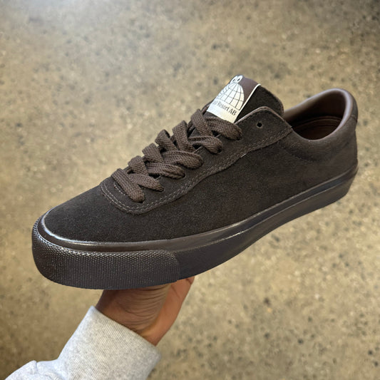 brown suede sneaker with brown sole, side view