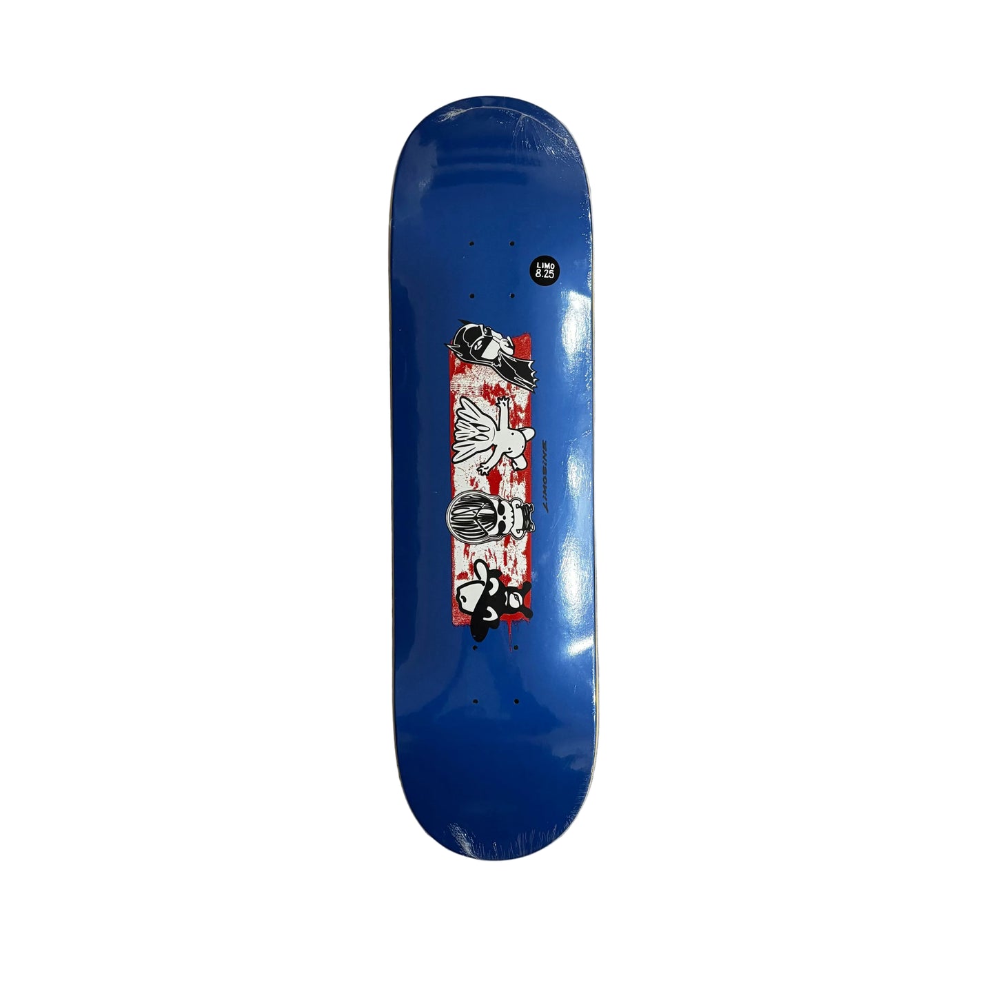 Blue skateboard deck with a graphic design on a white surface