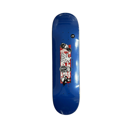 Blue skateboard deck with a graphic design on a white surface