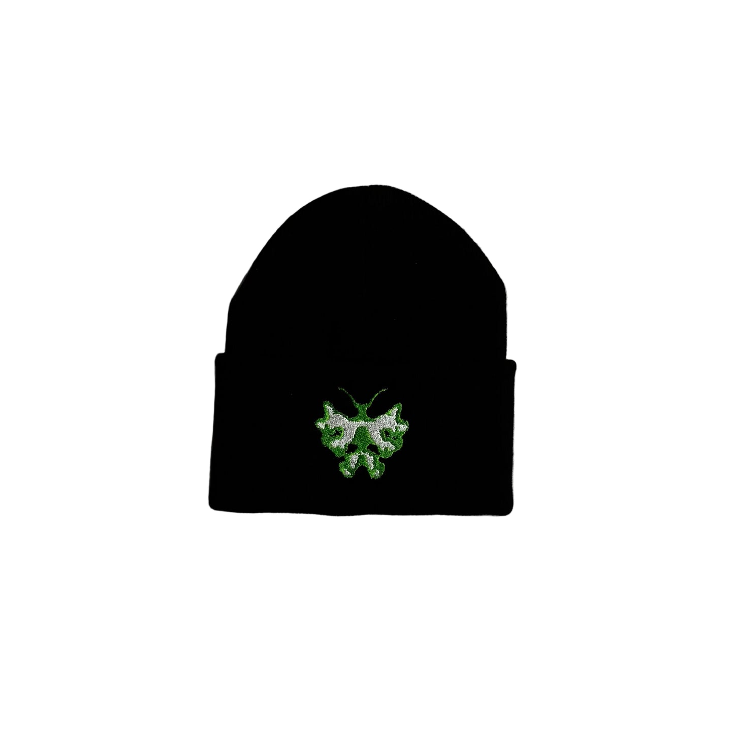 Black beanie with a green butterfly design on a white surface