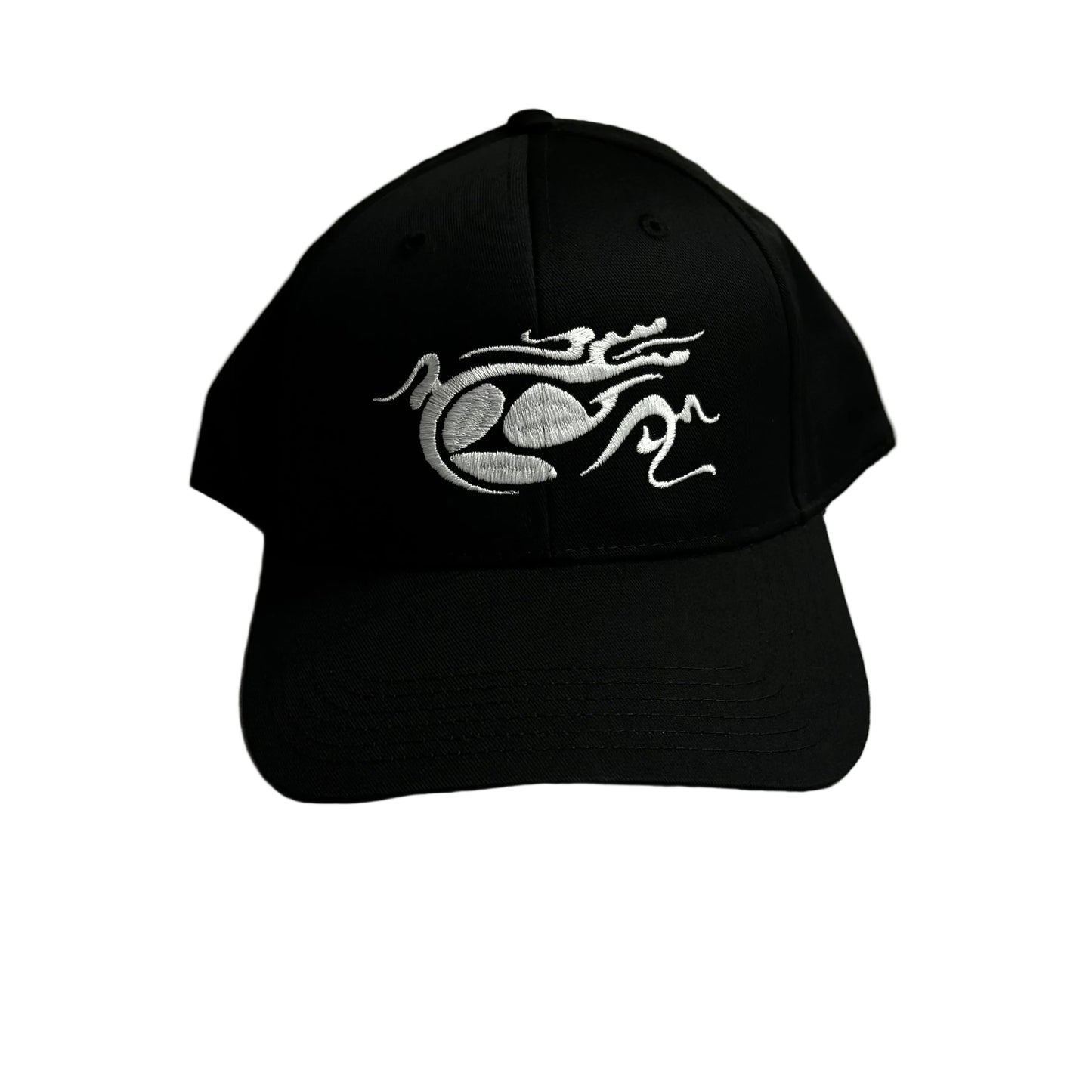 Black cap with white design on a white surface