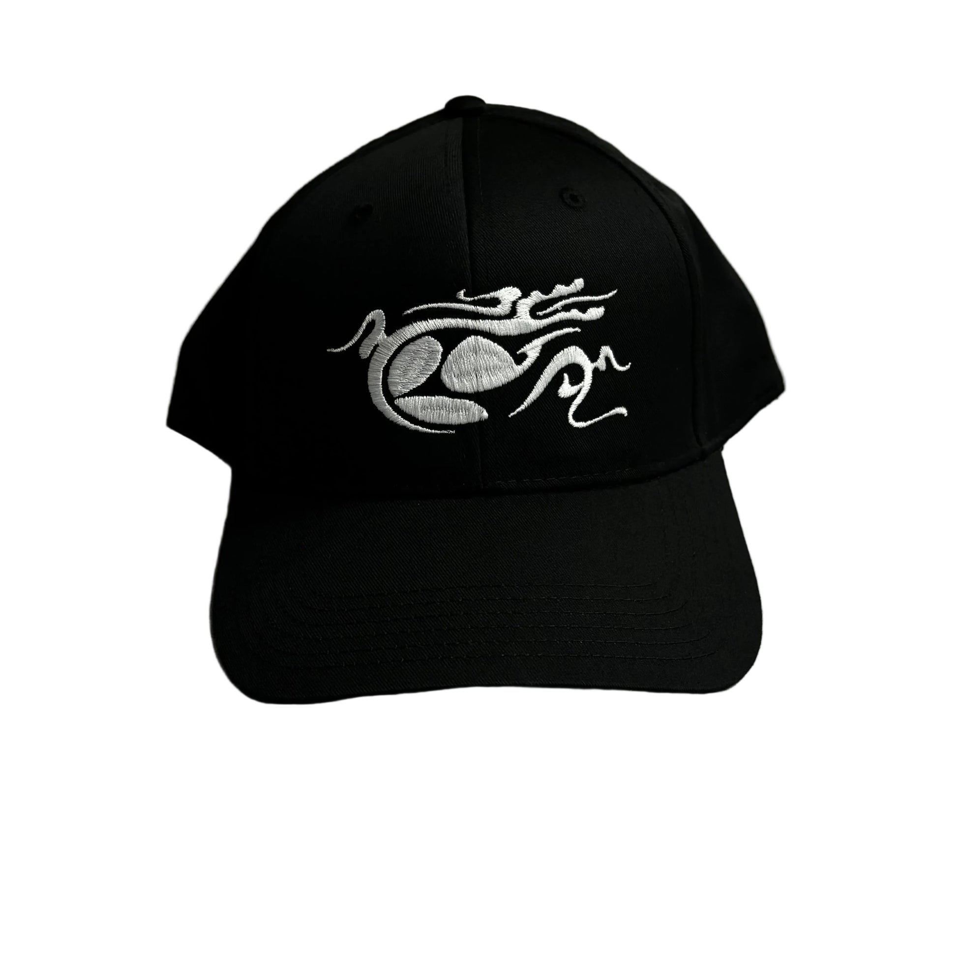 Black cap with white design on a white surface