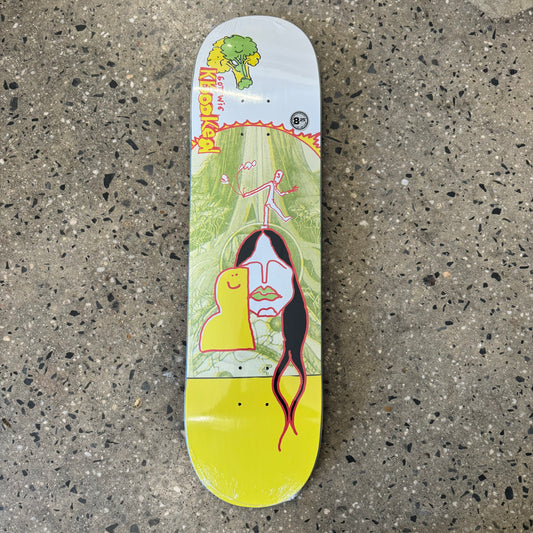 abstract face and broccoli on white and yellow skate deck