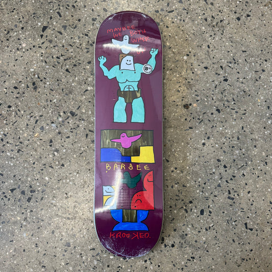 body builder with characters on purple skate deck