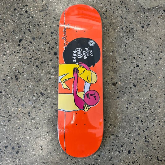 abstract characters on red skate deck