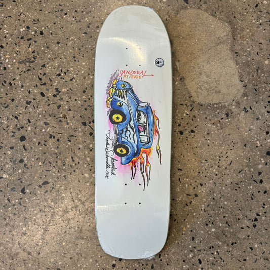 drawing of blue car with flames on white skate deck
