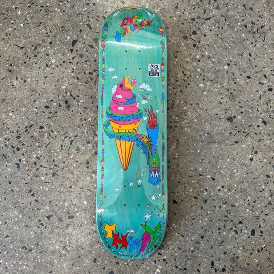 multi color wacky ice cream cone graphic on wood grain skate deck, wood grain colors vary