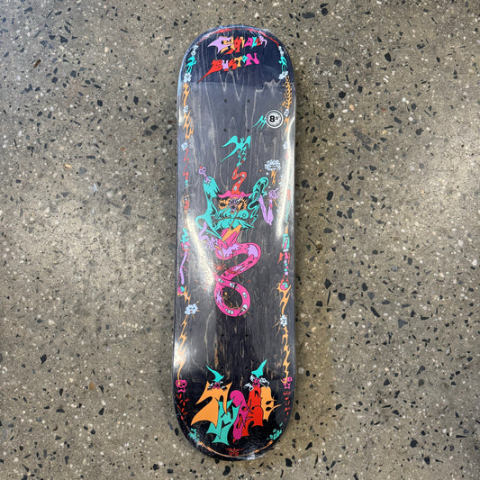wacky abstract multi color graphic on wood grain skate deck, wood grain colors vary