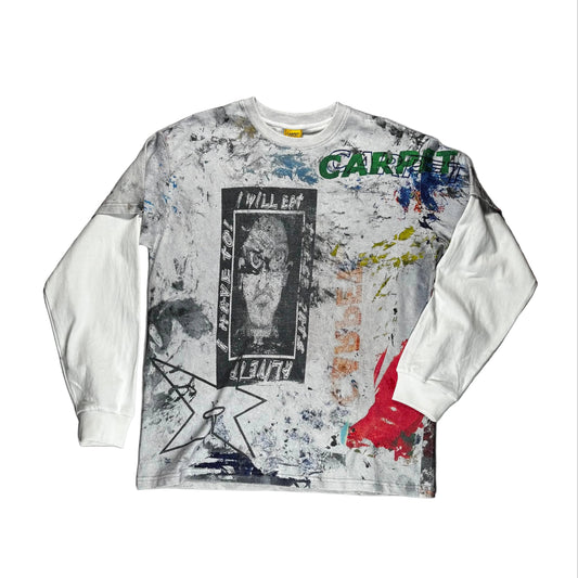 longsleeve t-shirt with graphic design and text on a white surface