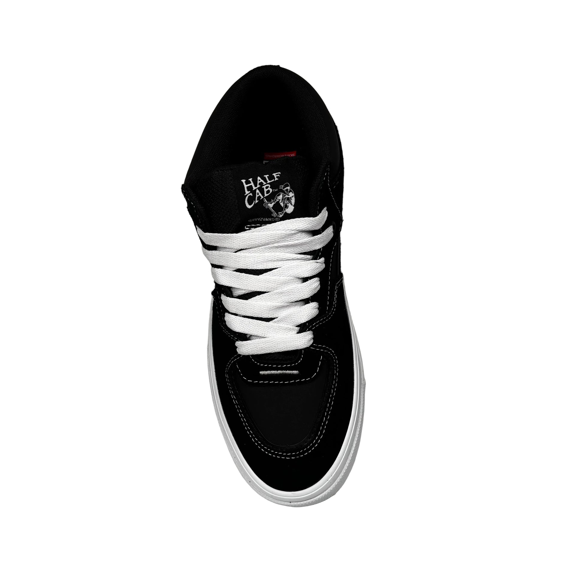Black high-top sneaker with white laces on a white background