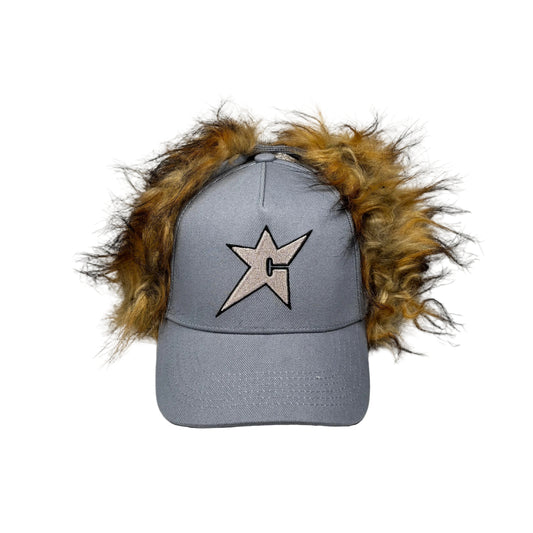 light blue denim cap with star design and fake fur ear flaps on a white background