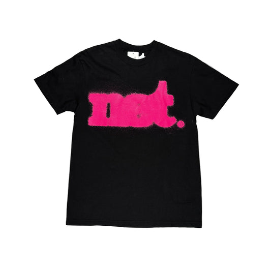 Black t-shirt with pink text on a white surface