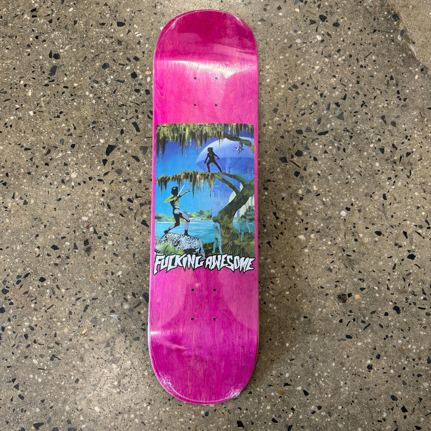 kids, water, and trees on pink skate deck