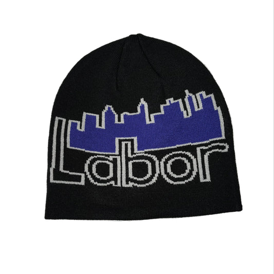 black and blue city skyline logo that says LABOR on a skully cap