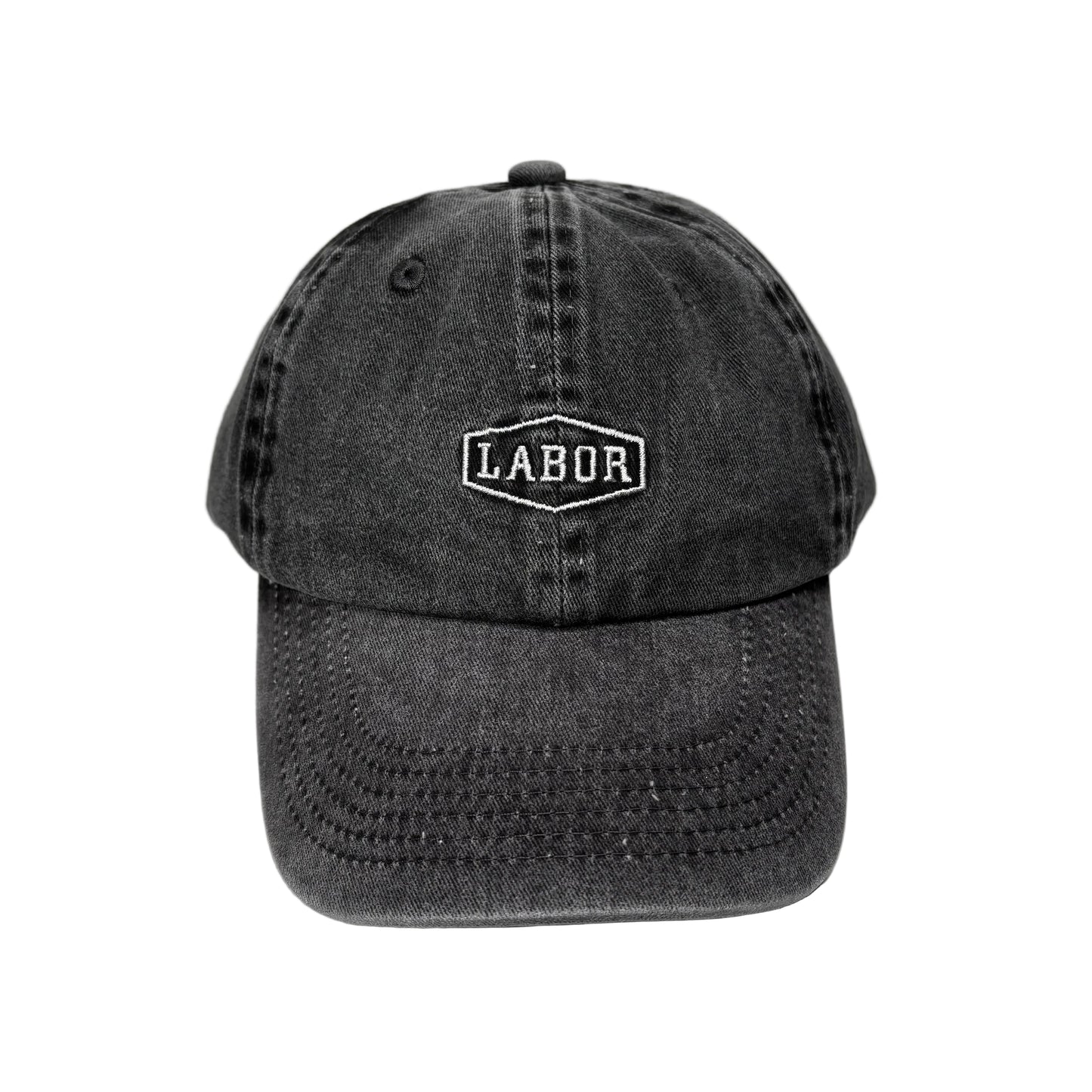 front view of black washed and distressed crest logo cap