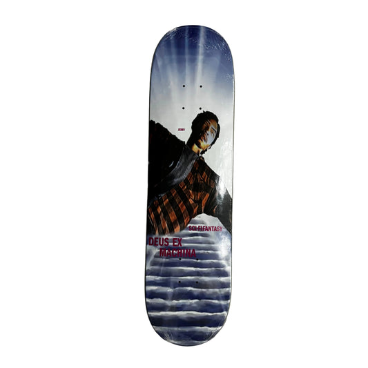 Skateboard deck with a graphic design on a white surface