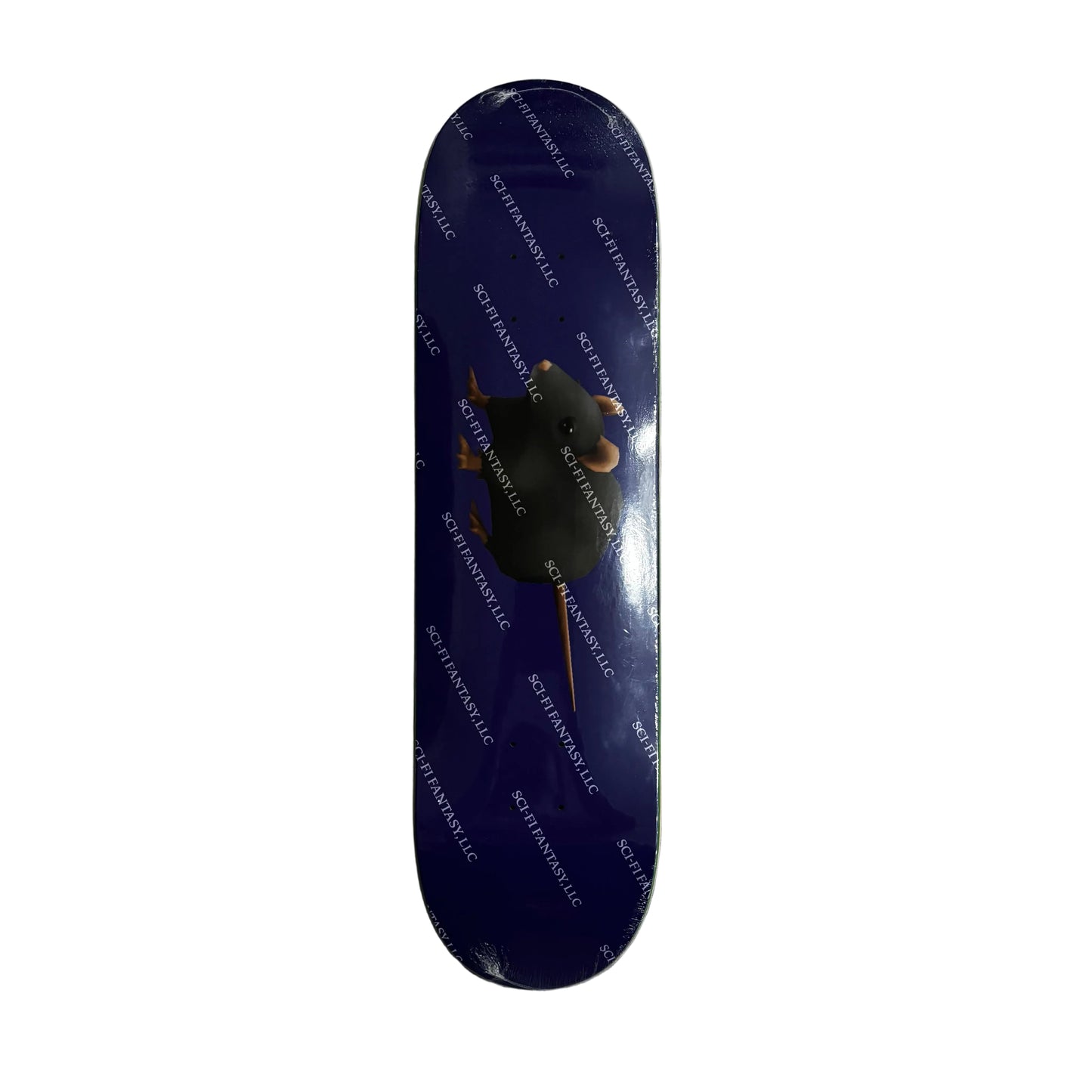 Blue skateboard deck with sci fi branding on a white surface