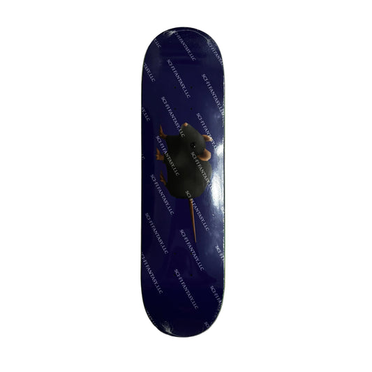 Blue skateboard deck with sci fi branding on a white surface