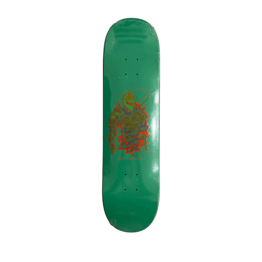 Green skateboard deck with a colorful design on a white background
