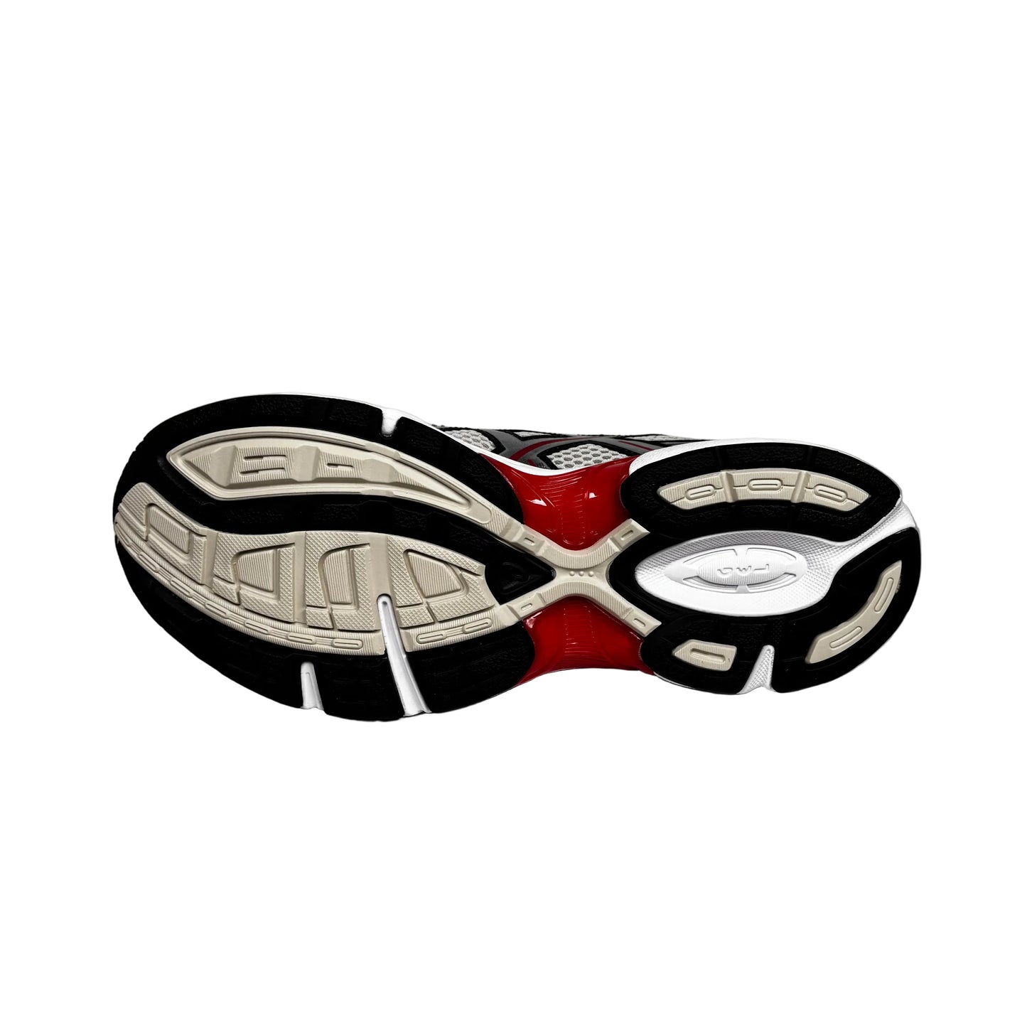 Close-up of a shoe sole with a red interior on a white platform against a white background