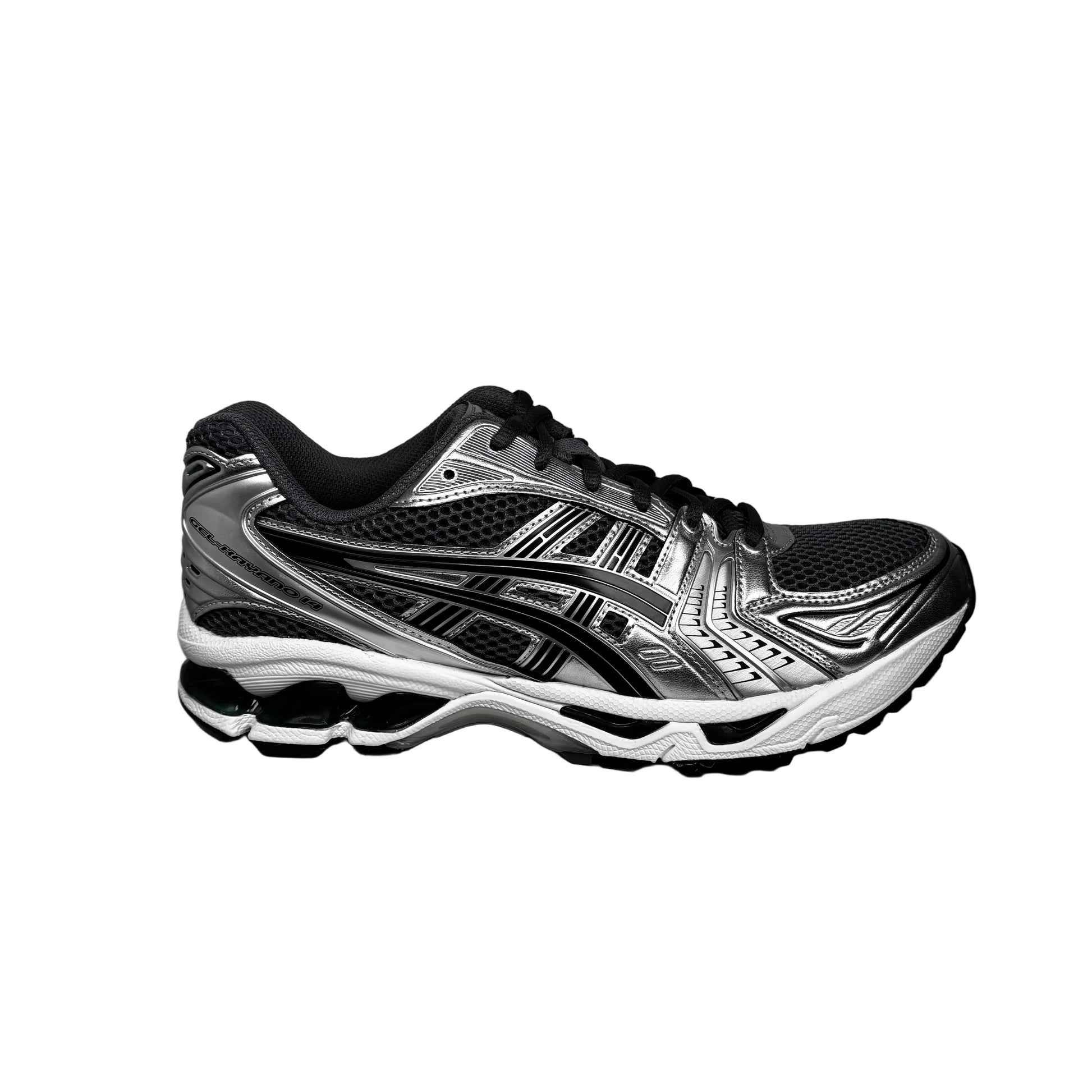 Black and silver running shoe on a white  background