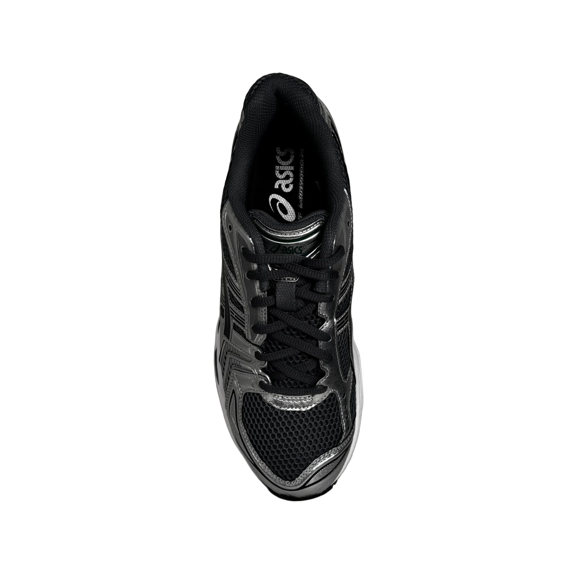top down view of Black and silver Asics sneaker on a white background