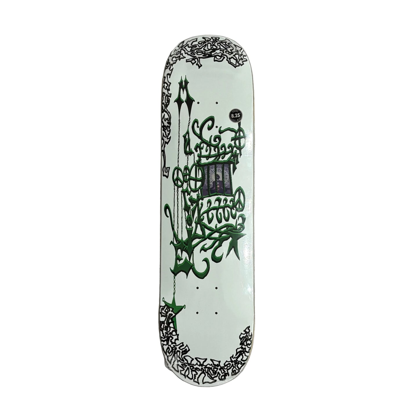 Skateboard deck with intricate green and black hand drawn style designs on a white surface