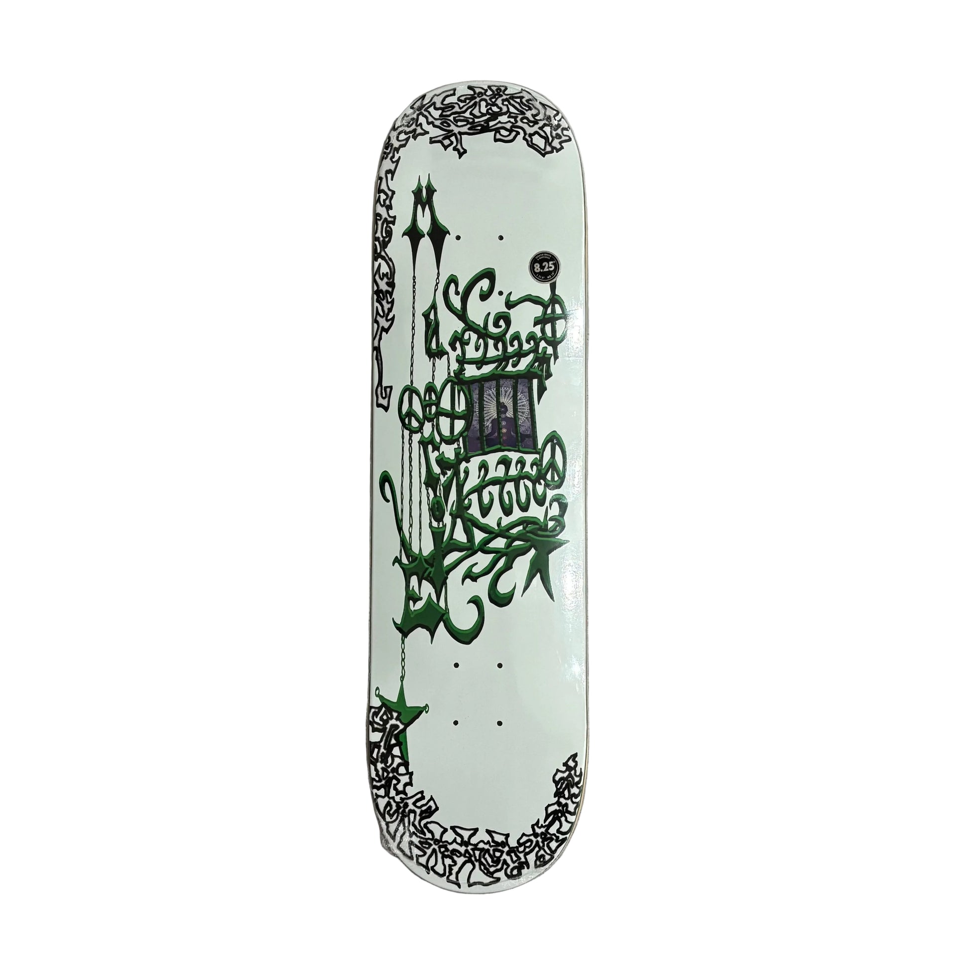Skateboard deck with intricate green and black hand drawn style designs on a white surface