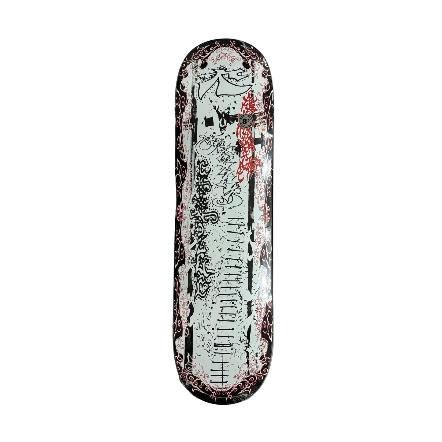 Skateboard deck with intricate hand drawn style designs on a white surface