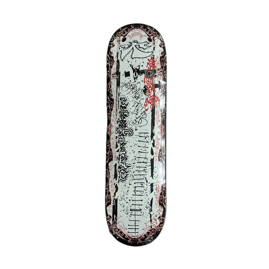 Skateboard deck with intricate hand drawn style designs on a white surface