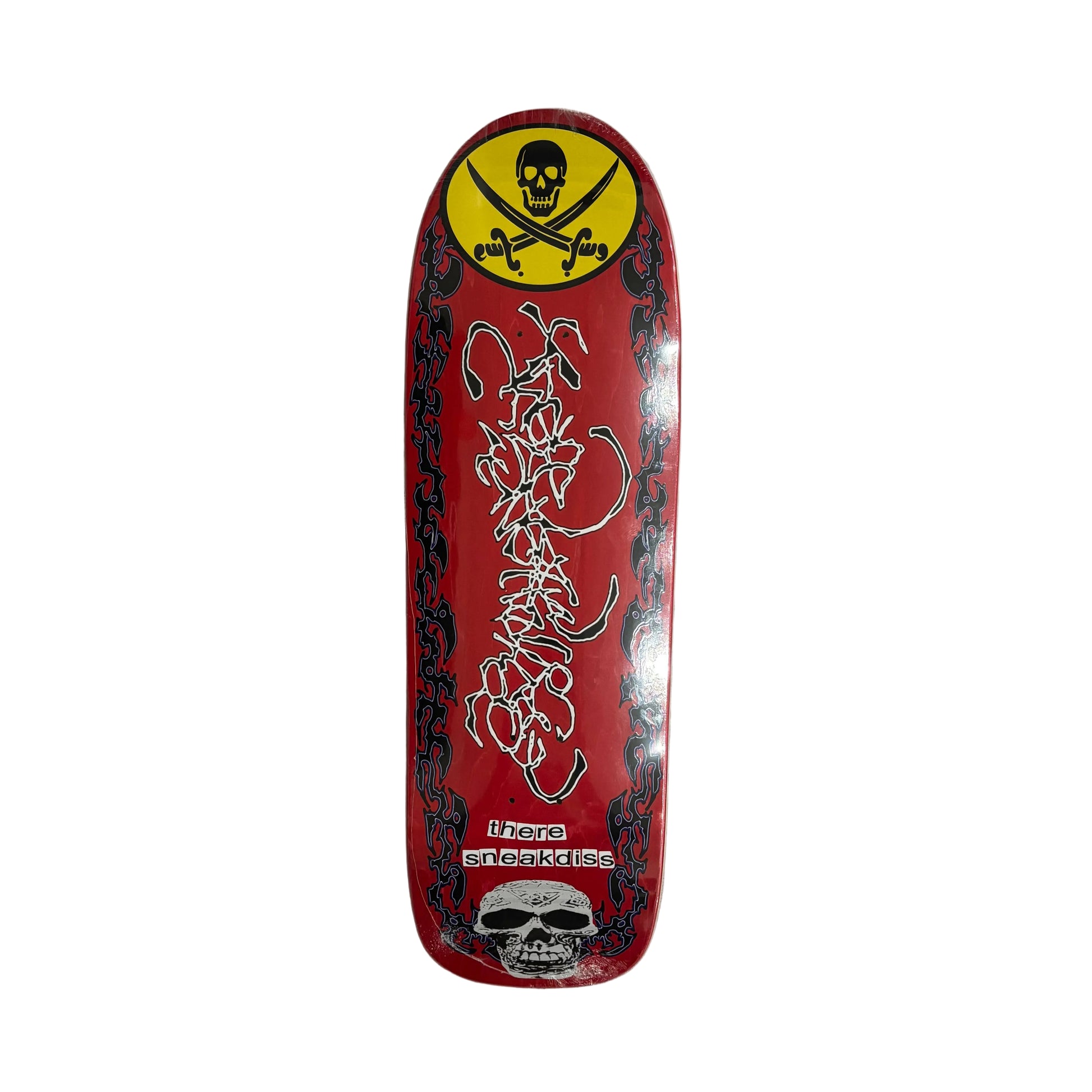 Red skateboard deck with black and white hand drawn style graphics on a white background