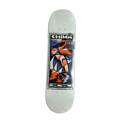 Skateboard deck with colorful graphics on a white surface
