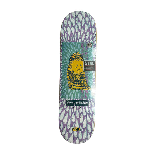 Skateboard deck with a hand drawn style colorful design on a white surface