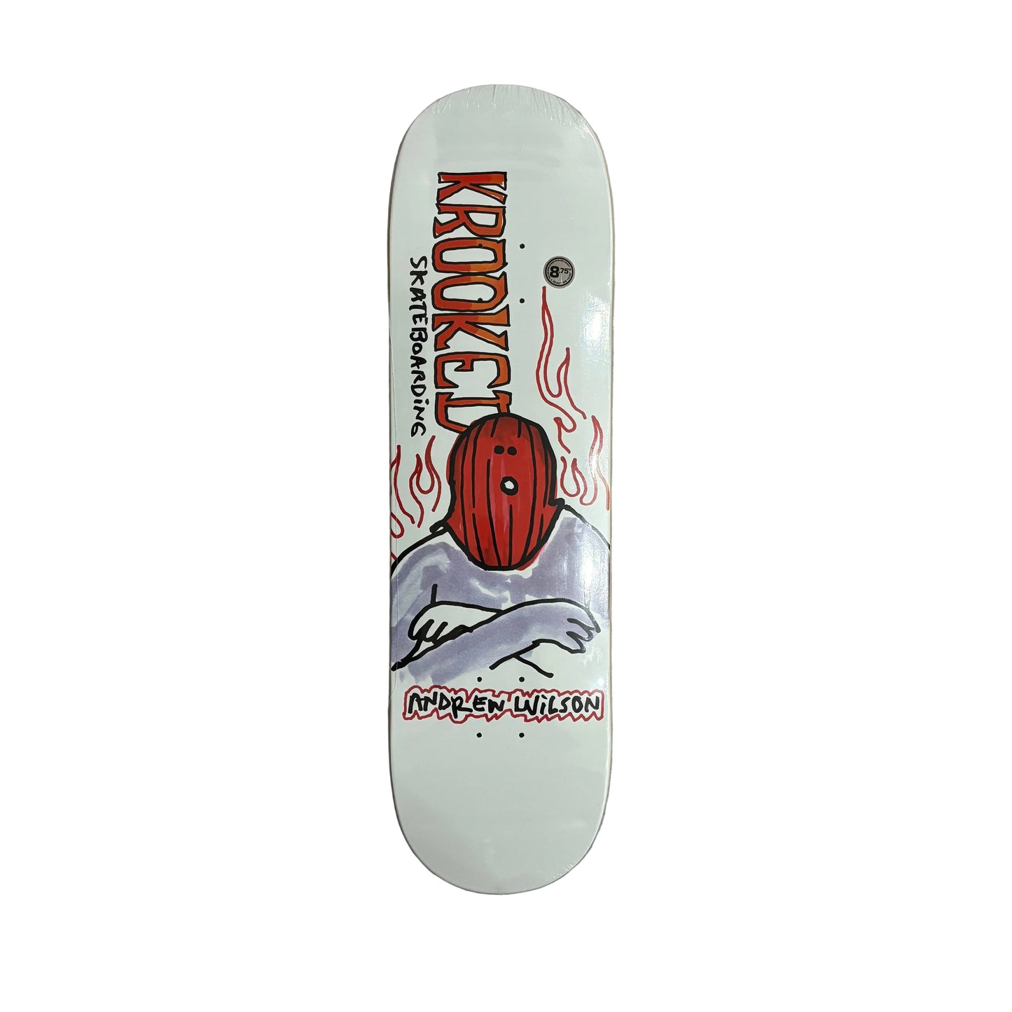 Skateboard deck with a red and white design on a white surface